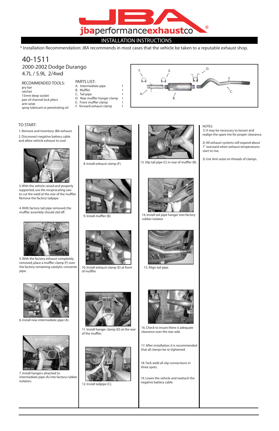 PerTronix JBA Exhaust 40-1511 User Manual | 1 page