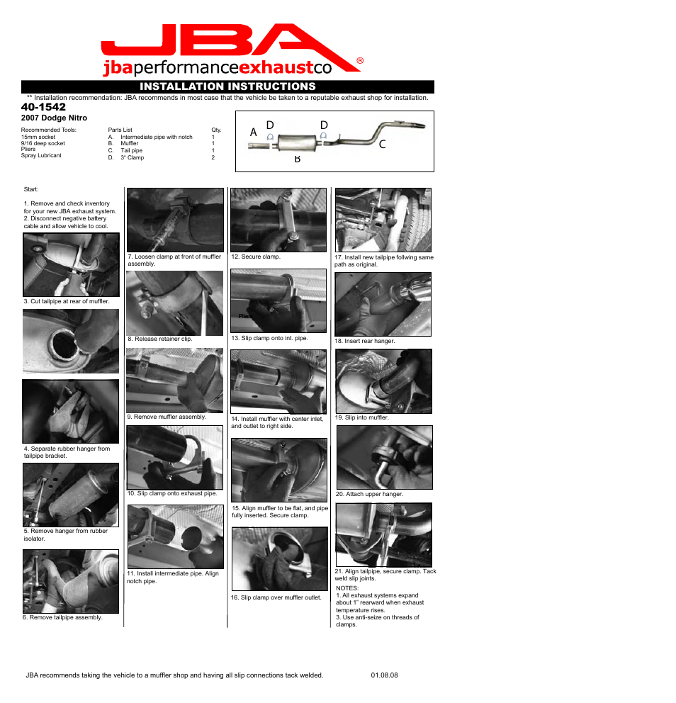 PerTronix JBA Exhaust 40-1542 User Manual | 1 page