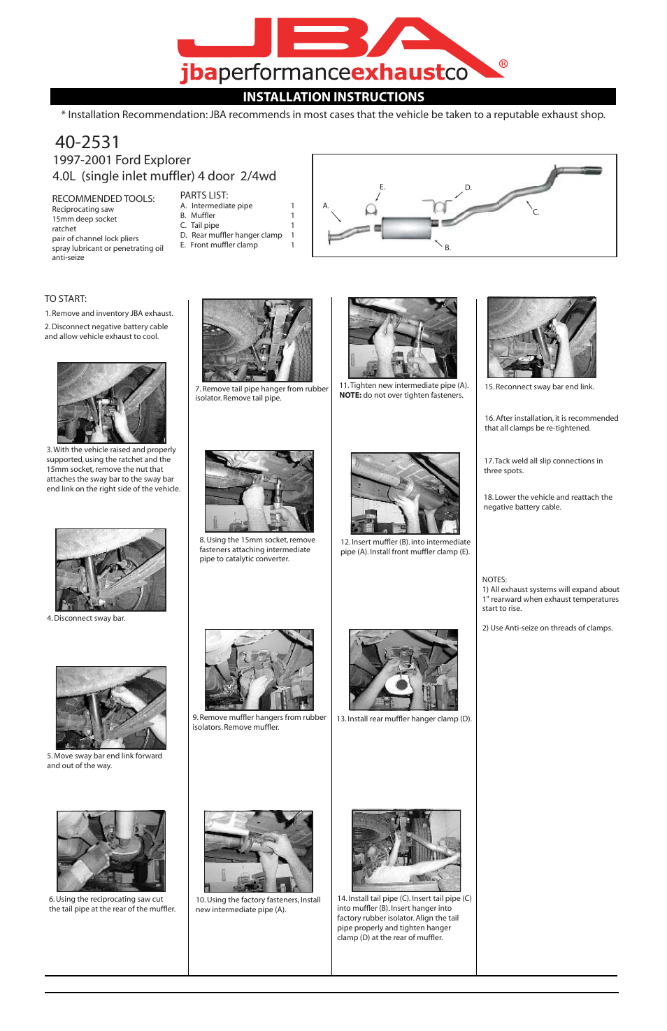 PerTronix JBA Exhaust 40-2531 User Manual | 1 page