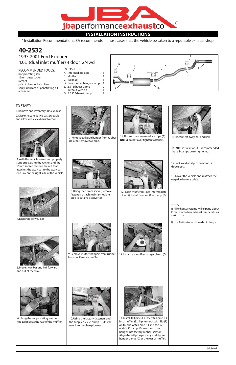PerTronix JBA Exhaust 40-2532 User Manual | 1 page