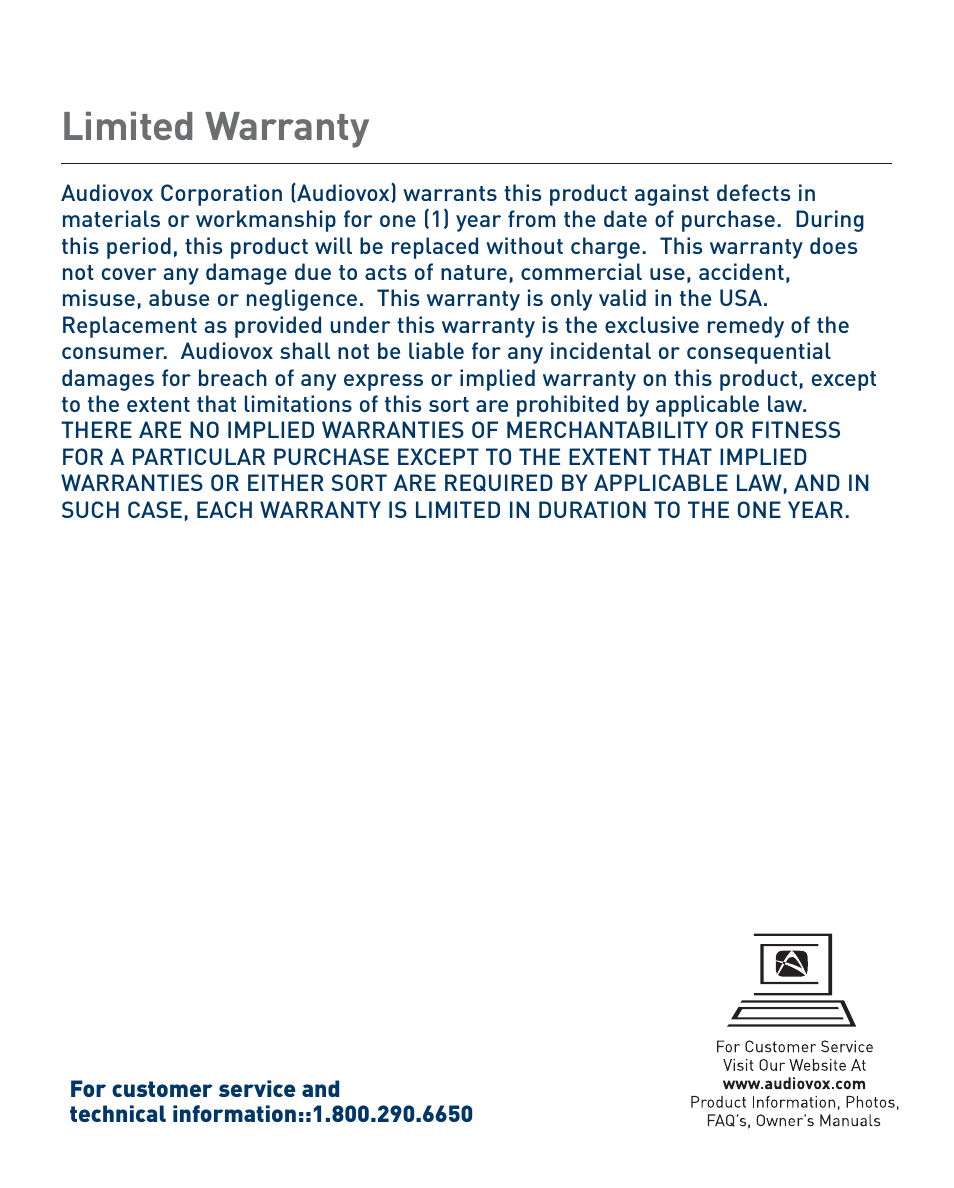 Limited warranty | Audiovox VR-1 User Manual | Page 2 / 6