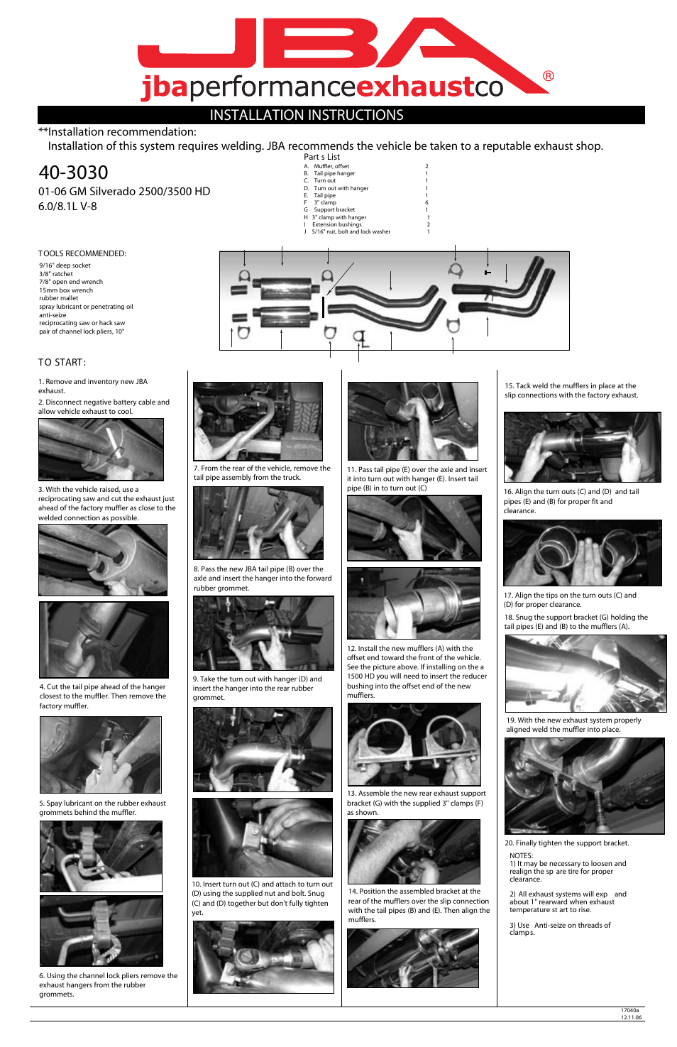 PerTronix JBA Exhaust 40-3030 User Manual | 1 page