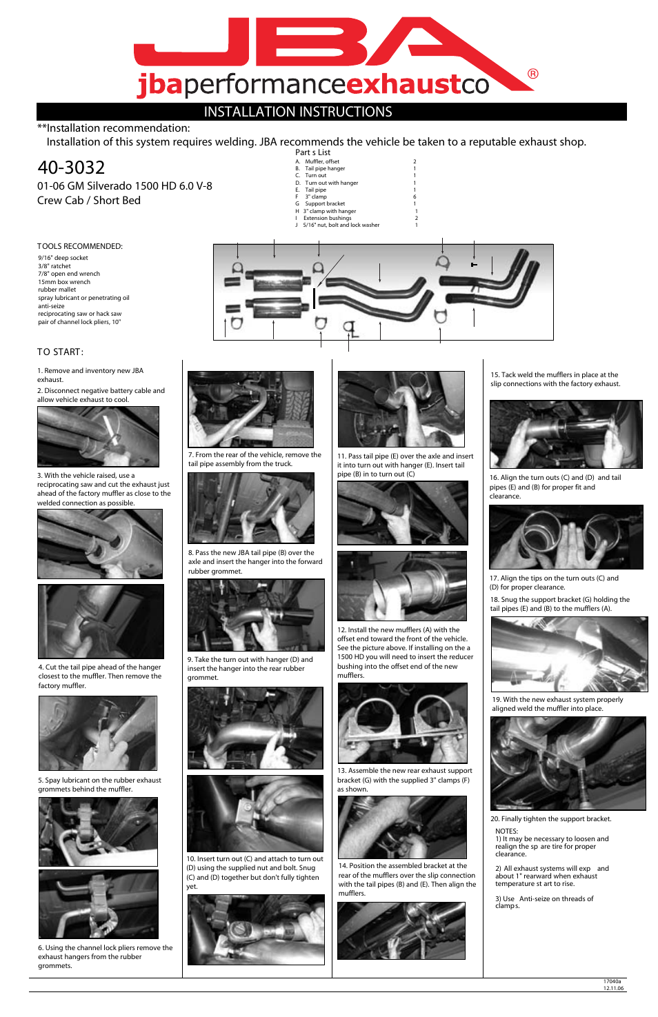 PerTronix JBA Exhaust 40-3032 User Manual | 1 page