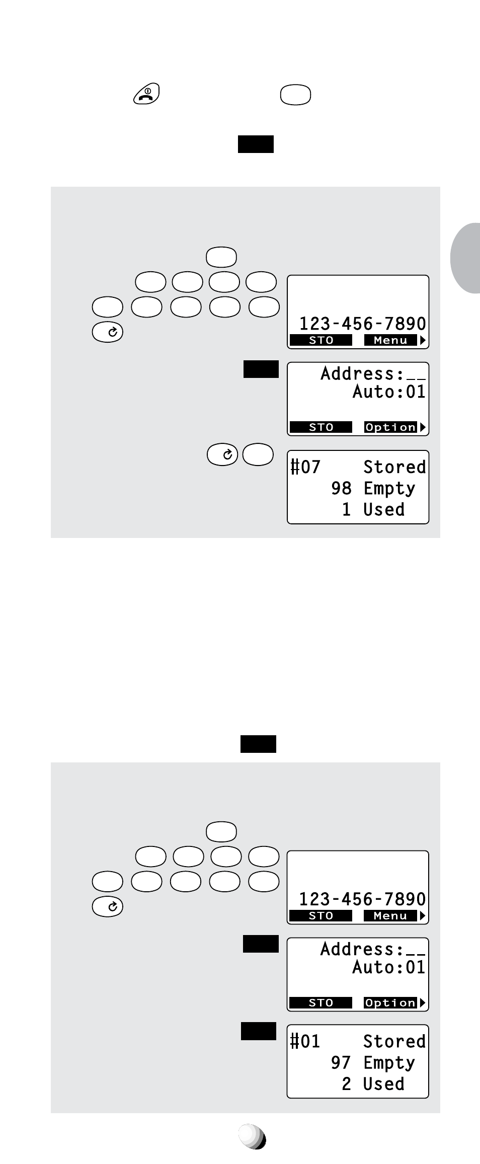 Automatic storing into phonebook, Press or press and hold, Enter | Press the key under, Three times. 4. enter an address, Three times. 4. press the key under | Audiovox CDM-9100 User Manual | Page 35 / 107