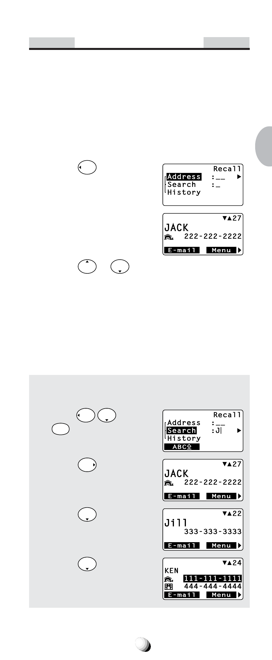 Phonebook recall, Phonebook address mode, Phonebook sort scroll mode | Jack, Jill, And press, For “ j ”. 2. press, Press . 4. press | Audiovox CDM-9100 User Manual | Page 43 / 107