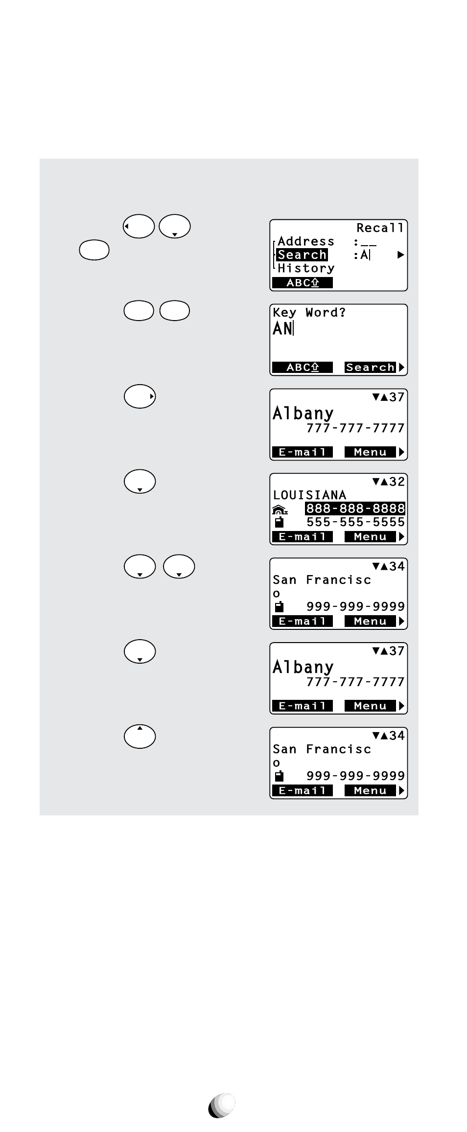 Phonebook key word search mode, Albany, And press | For “ a ”. 2. press, For “ n ”. 3. press | Audiovox CDM-9100 User Manual | Page 44 / 107