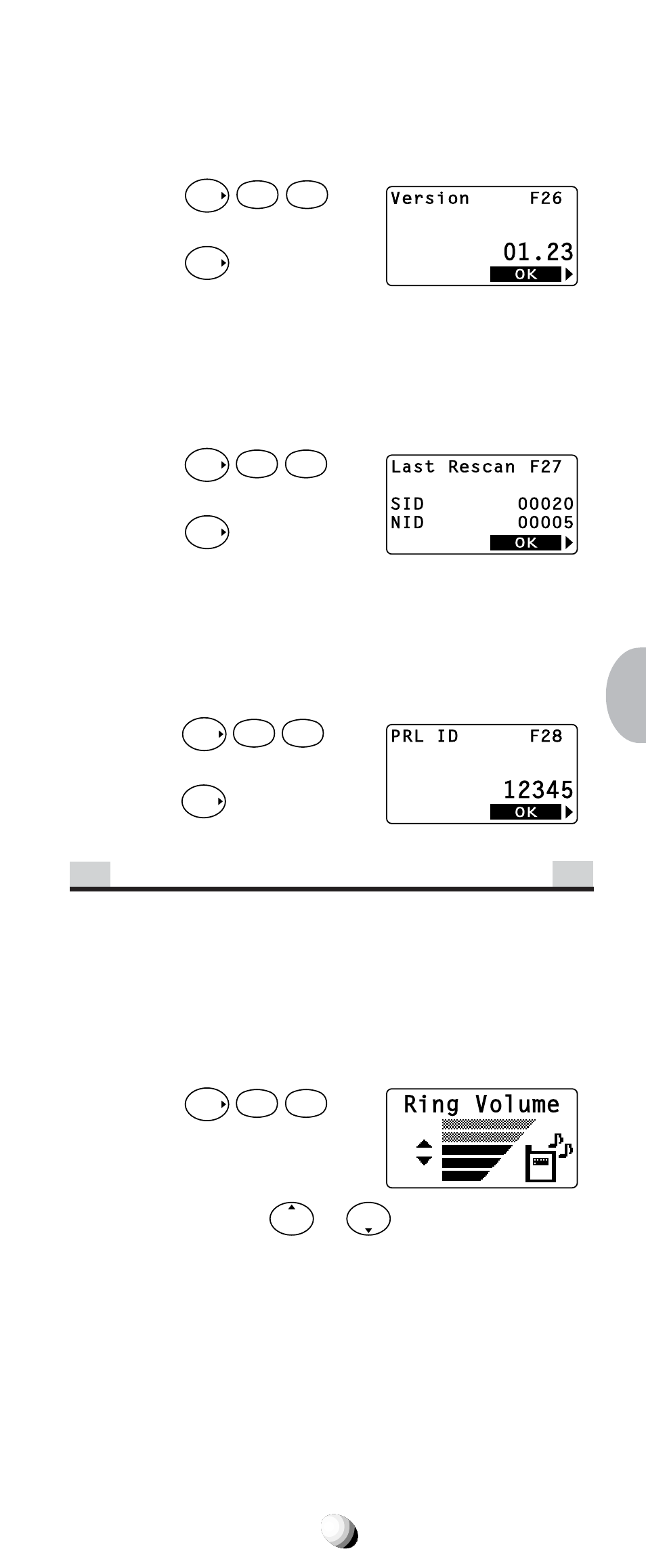 Volume and tone controls, Software version review (f26), Last rescan sid indicator (f27) | Prl id review (f28), Ringer volume control (f31), Press | Audiovox CDM-9100 User Manual | Page 73 / 107