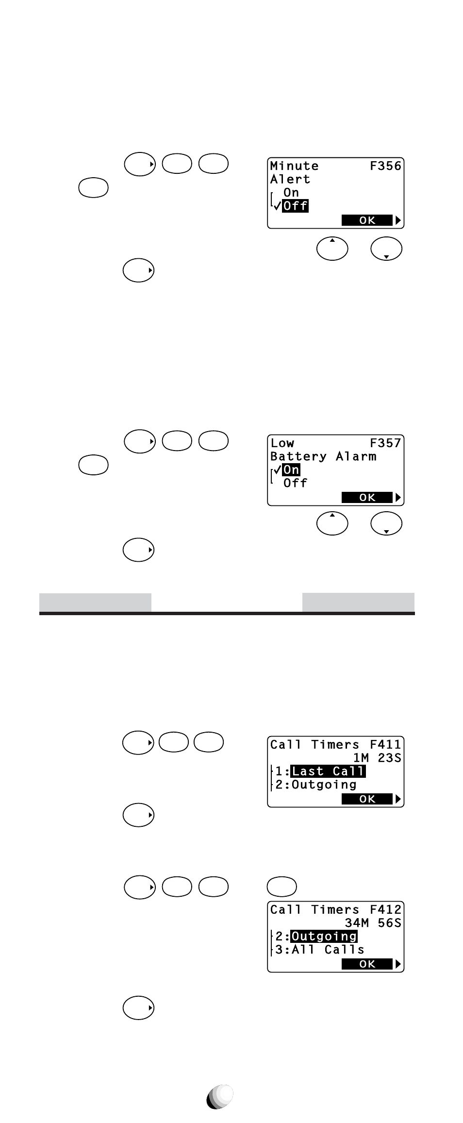 Call timers, One minute beep tone (f35-6), Low battery alarm (f35-7) | Last call timer (f41-1), Outgoing call timer (f41-2), You can turn this feature on/off by or . 3. press, Press | Audiovox CDM-9100 User Manual | Page 76 / 107