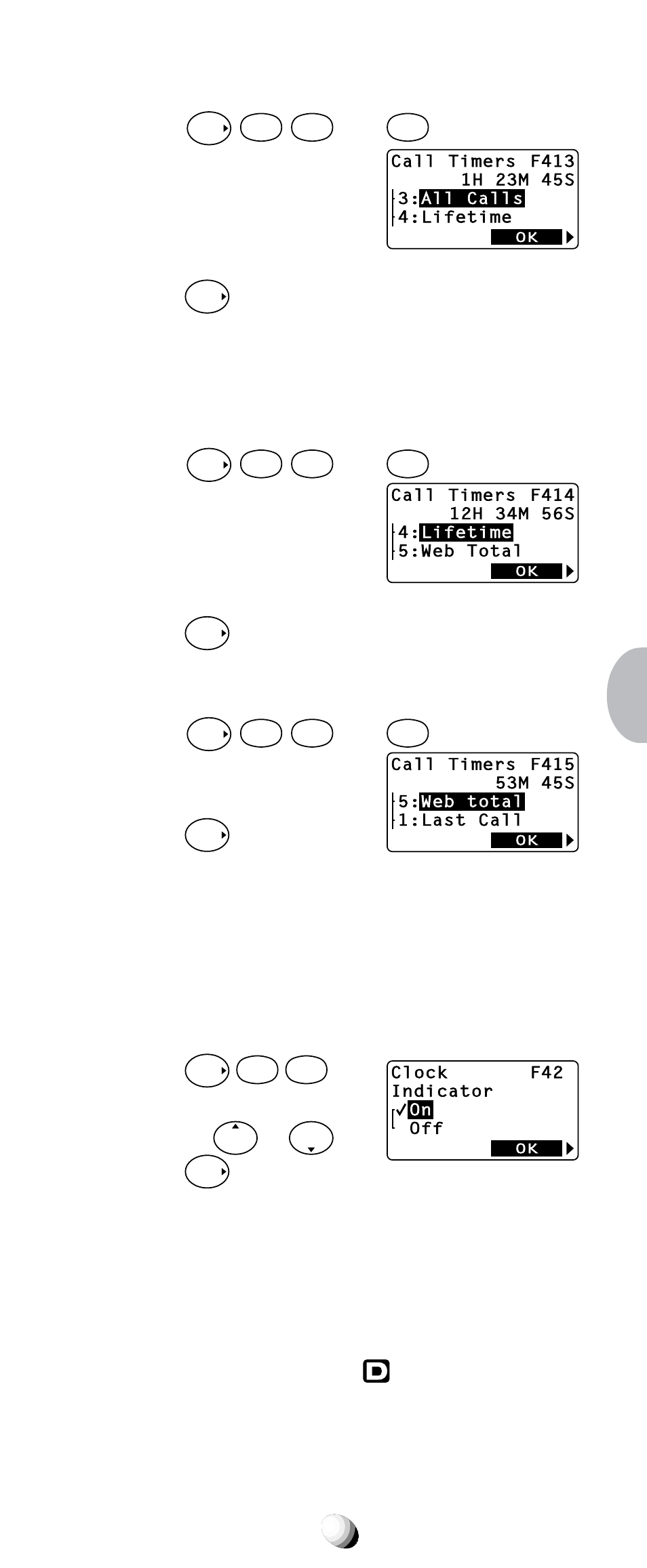 All calls timer (f41-3), Lifetime timer (f41-4), Web total timer (f41-5) | Clock indicator (f42), Clock adjustment (f43), Press, You can turn this feature on/off by or . 3. press | Audiovox CDM-9100 User Manual | Page 77 / 107