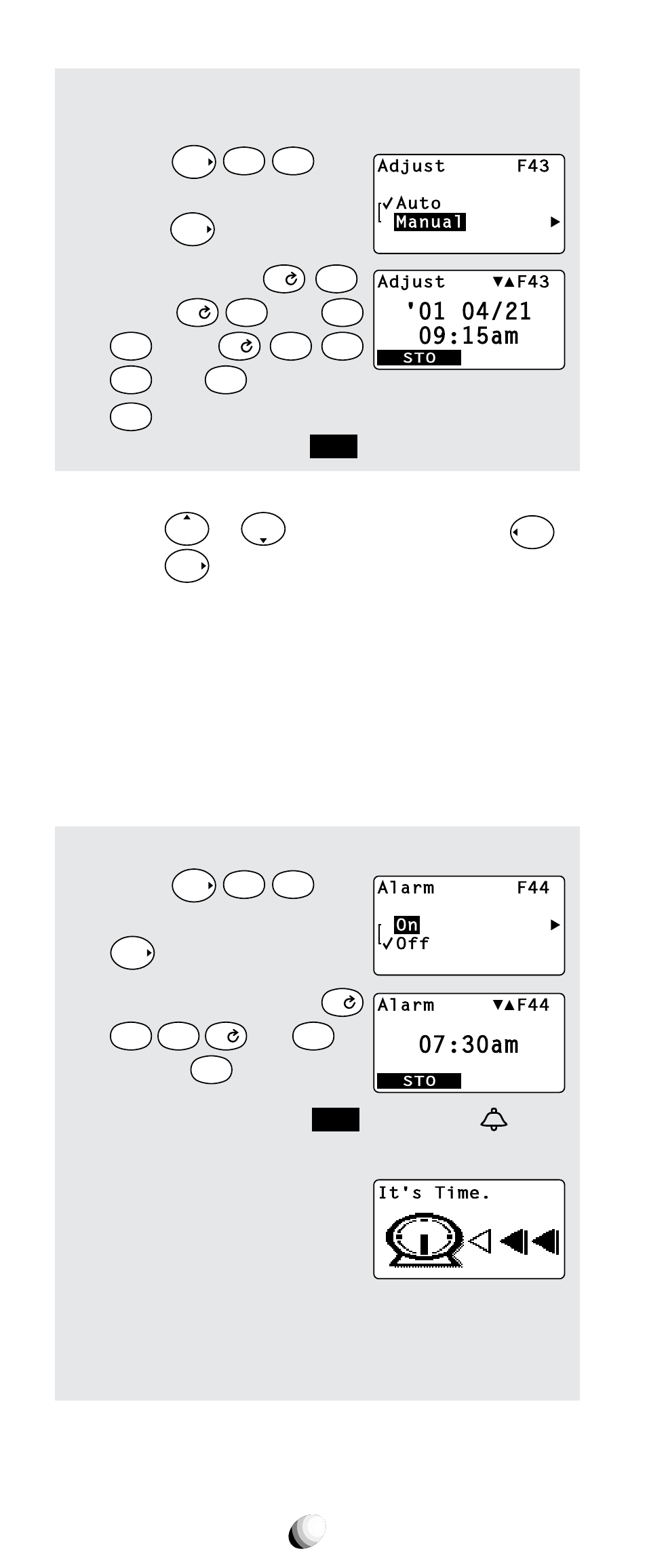 Clock alarm (f44), 30am, Scroll to “ manual ” and press | Enter the year, Month, Time, For a.m. (or, For p.m.) 4. press the key under, Scroll to “ on ” and press, Enter the alarm time | Audiovox CDM-9100 User Manual | Page 78 / 107