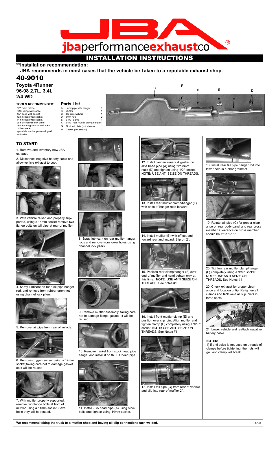 PerTronix JBA Exhaust 40-9010 User Manual | 1 page
