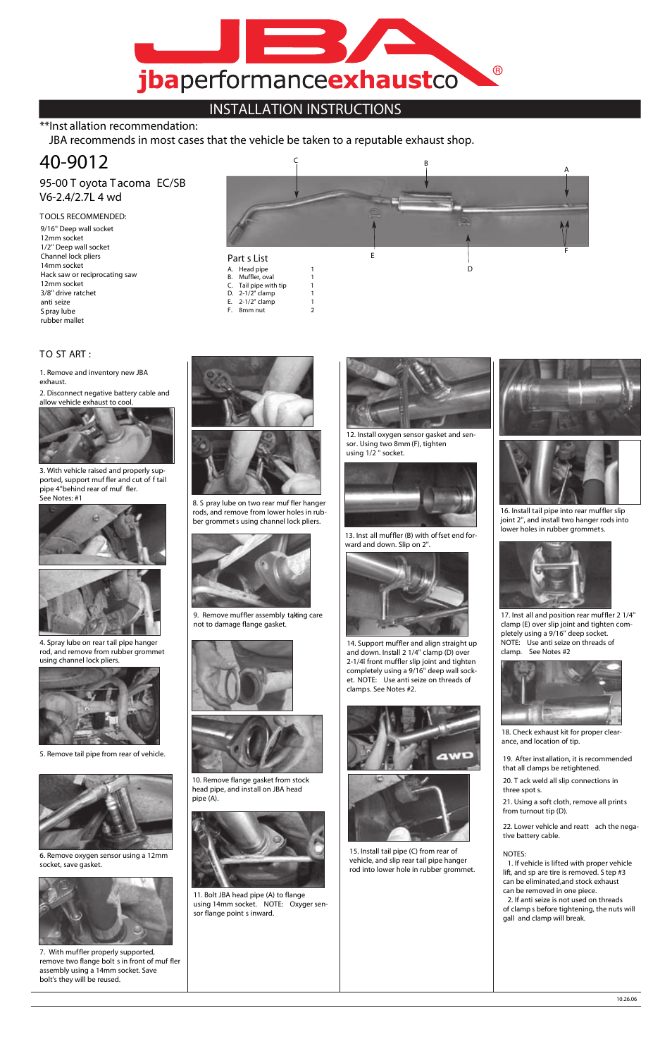 PerTronix JBA Exhaust 40-9012 User Manual | 1 page