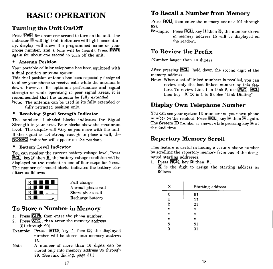 To store a number in memory, To recall a number from memory, To review the prefix | Display own telephone number, Repertory memory scroll, Basic operation, Turning the unit on/off | Audiovox MVX-550 User Manual | Page 10 / 22
