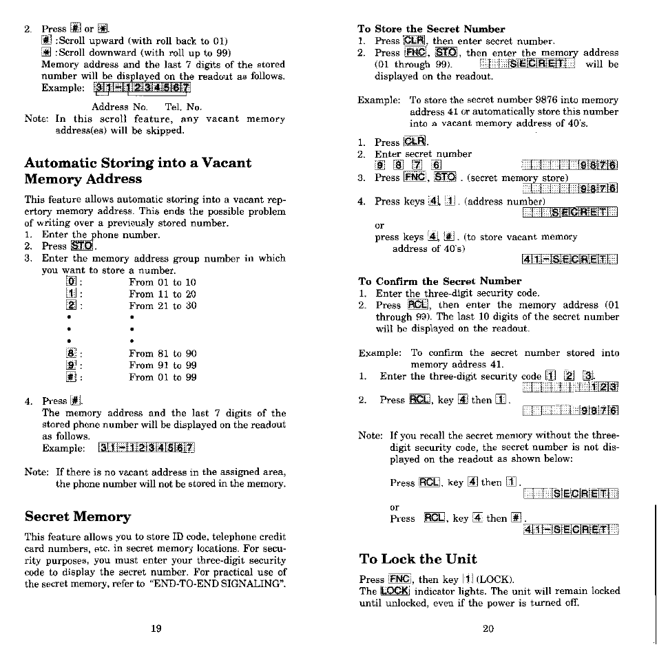 Automatic storing into a vacant memory address, Secret memory, To lock the unit | Audiovox MVX-550 User Manual | Page 11 / 22