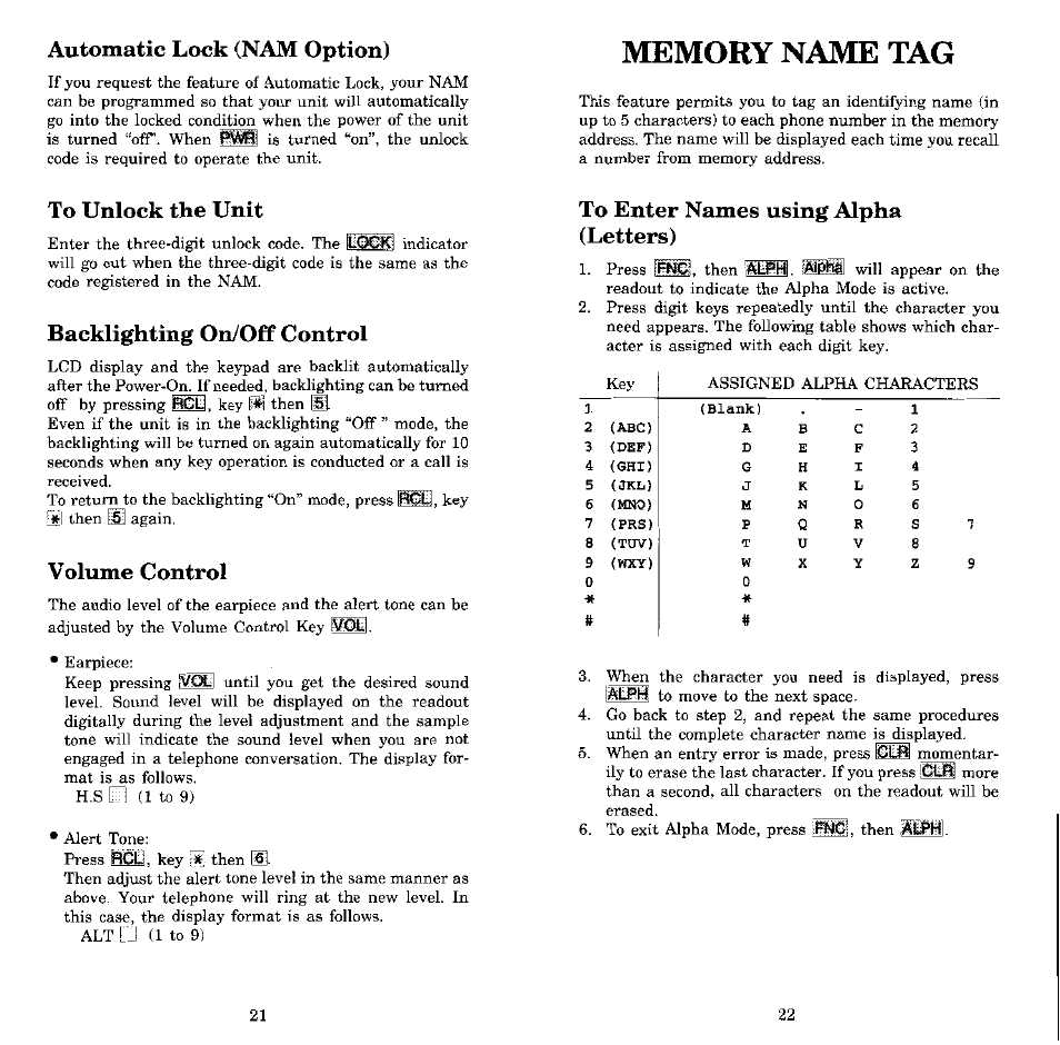 Automatic lock (nam option), Memory name tag, To unlock the unit | Backlighting on/off control, Volume control, To enter names using alpha (letters), Press 5, When the character you, Need is displayed. press | Audiovox MVX-550 User Manual | Page 12 / 22