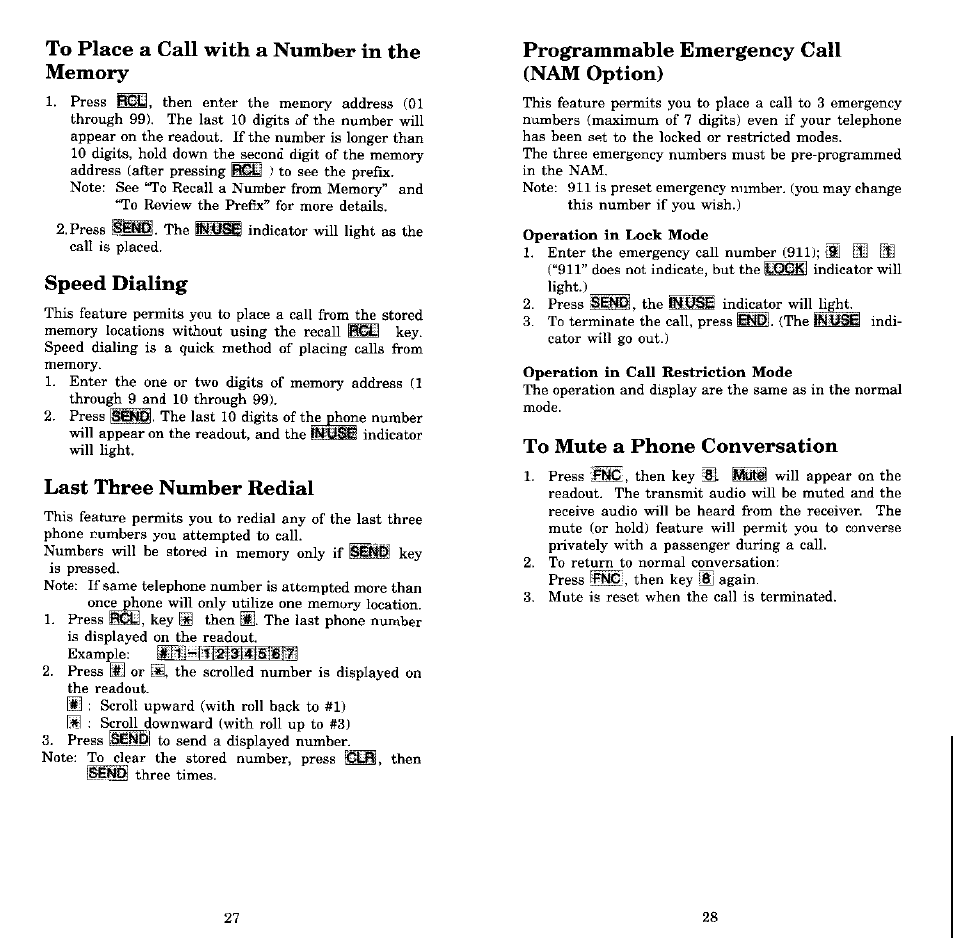 Speed dialing, Last three number redial, Programmable emergency call (nam option) | Audiovox MVX-550 User Manual | Page 15 / 22