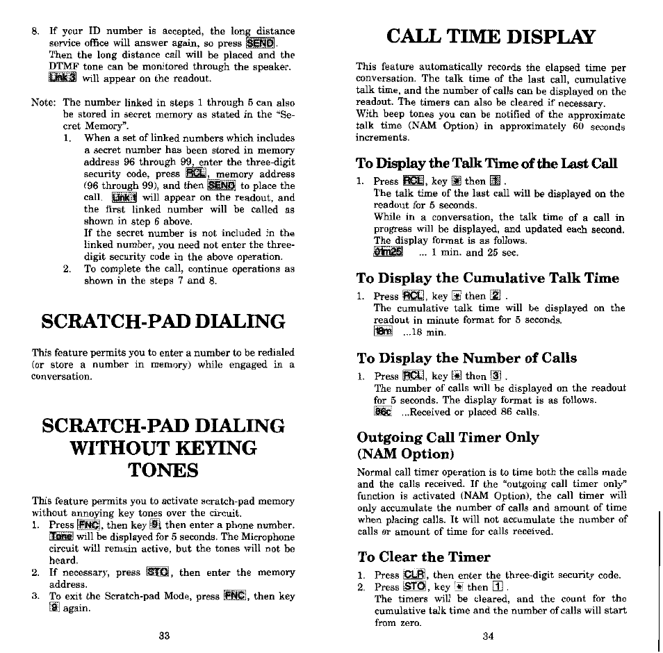 Scratch-pad dialing, Scratch-pad dialing without keying tones, Call time display | Outgoing call timer only (nam option) | Audiovox MVX-550 User Manual | Page 18 / 22