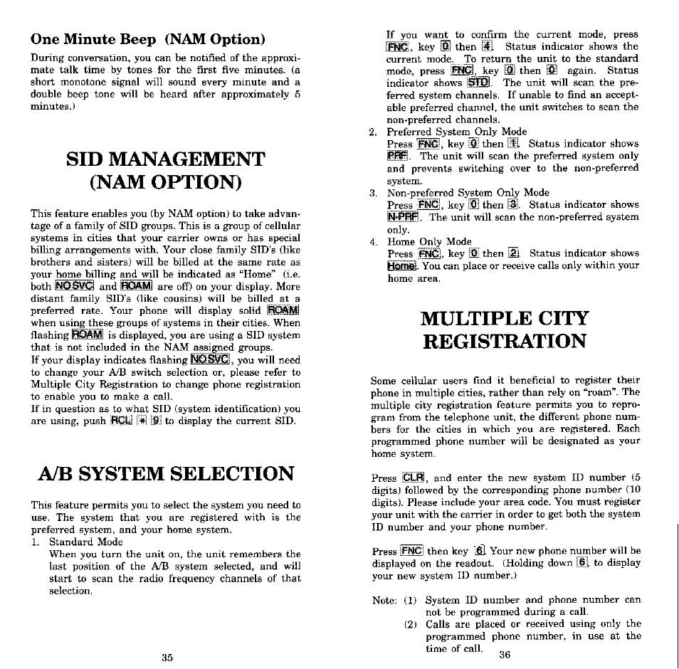One minute beep (nam option), Sid management (nam option), A/b system selection | Multiple city registration | Audiovox MVX-550 User Manual | Page 19 / 22