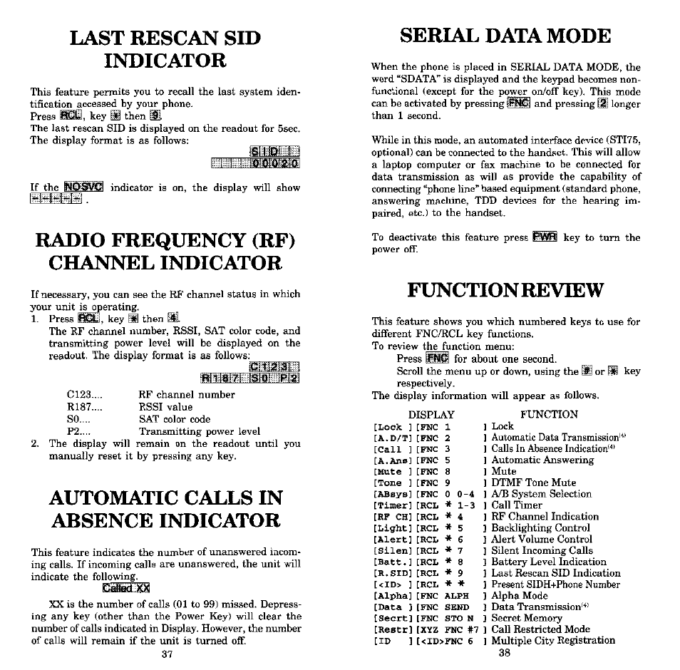 Last rescan sid indicator, Radio frequency (rf) channel indicator, Automatic calls in absence indicator | Serial data mode, Function review | Audiovox MVX-550 User Manual | Page 20 / 22