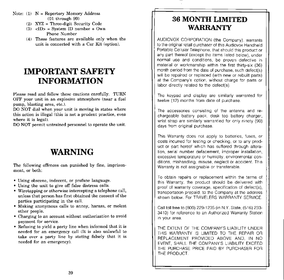 Important safety information, Warning, 36 month limited warranty | Audiovox MVX-550 User Manual | Page 21 / 22