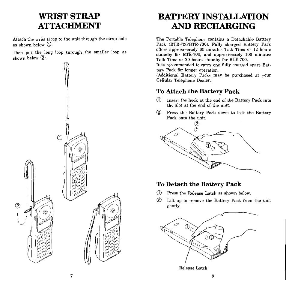 Wrist strap attachment, Battery installation and recharging, To attach the battery pack | To detach the battery pack | Audiovox MVX-550 User Manual | Page 5 / 22