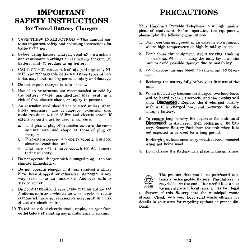 Important safety instructions, For travel battery charger, Precautions | Audiovox MVX-550 User Manual | Page 7 / 22
