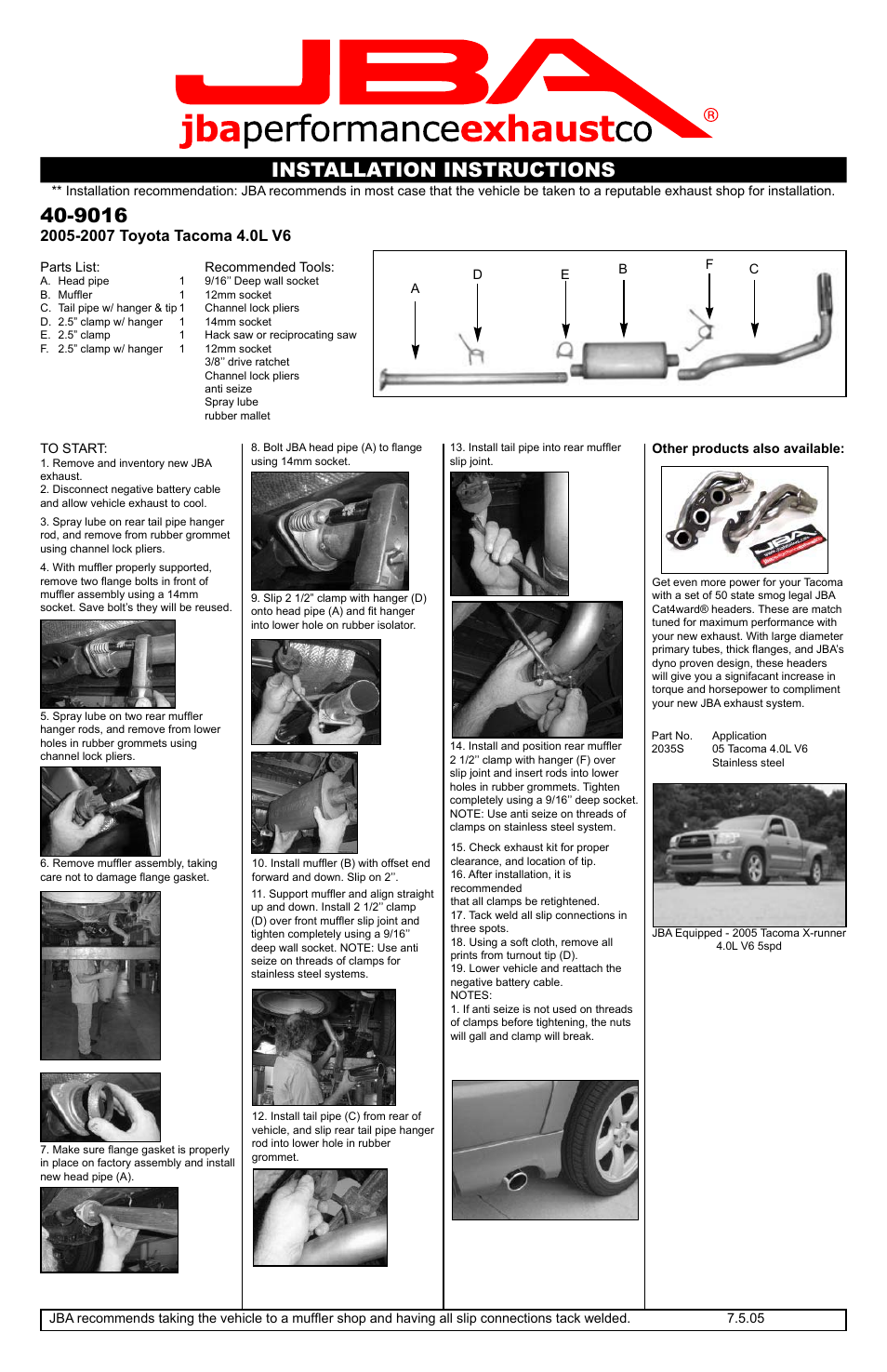 PerTronix JBA Exhaust 40-9016 User Manual | 1 page