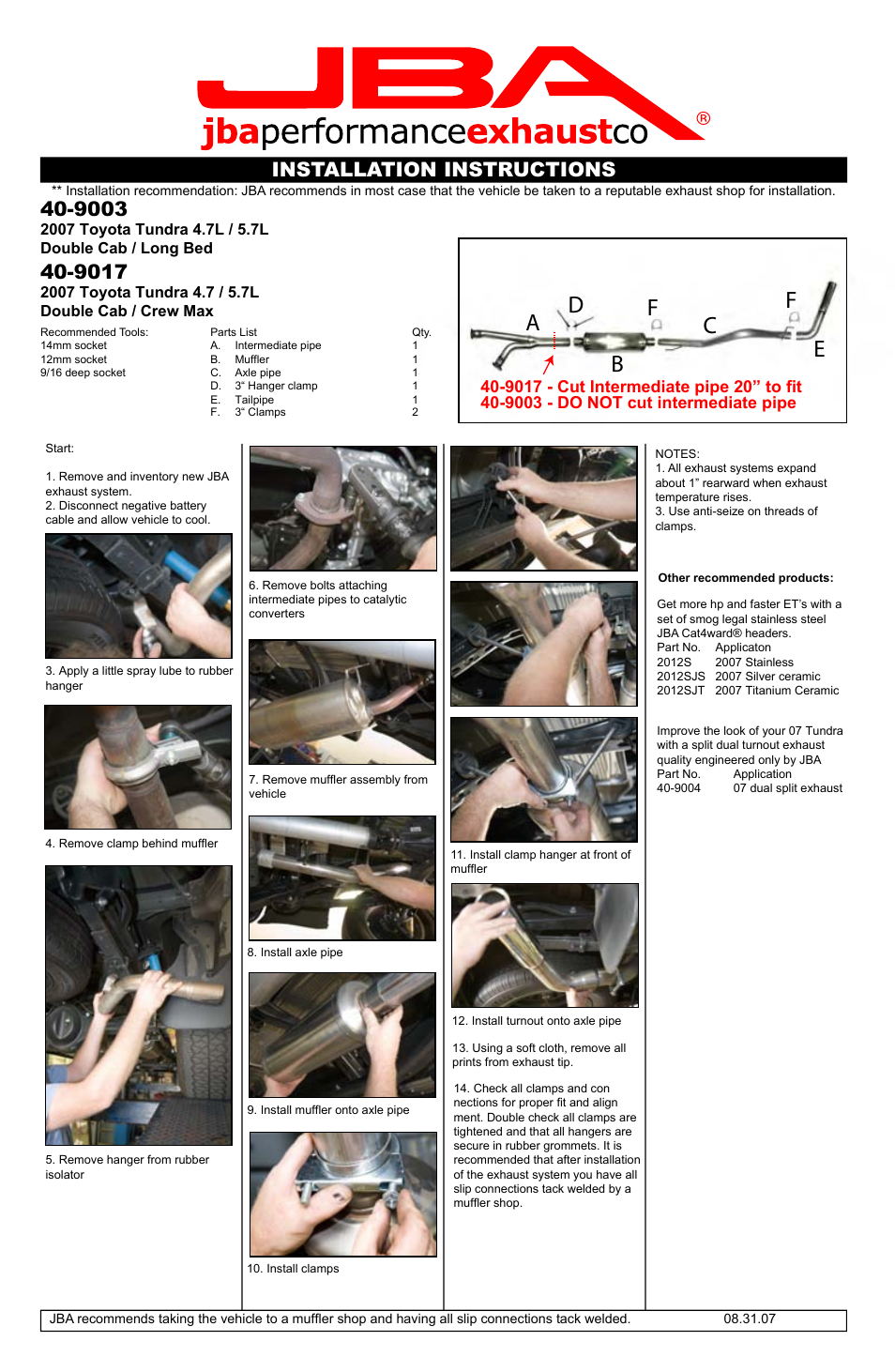 PerTronix JBA Exhaust 40-9017 UNCUT User Manual | 1 page