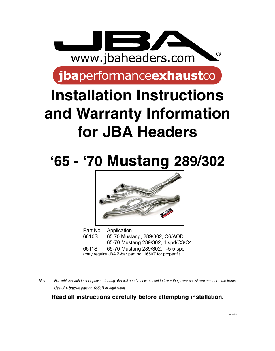 PerTronix JBA Exhaust 6611 User Manual | 3 pages