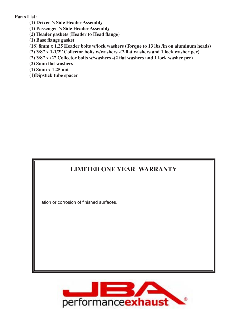 Limited one year warranty | PerTronix JBA Exhaust 6622S User Manual | Page 4 / 5