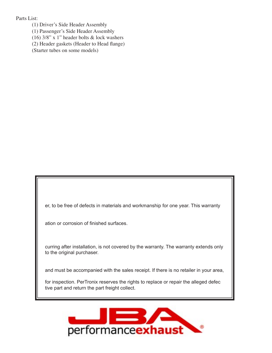 Limited one year warranty | PerTronix JBA Exhaust 6651S User Manual | Page 4 / 5