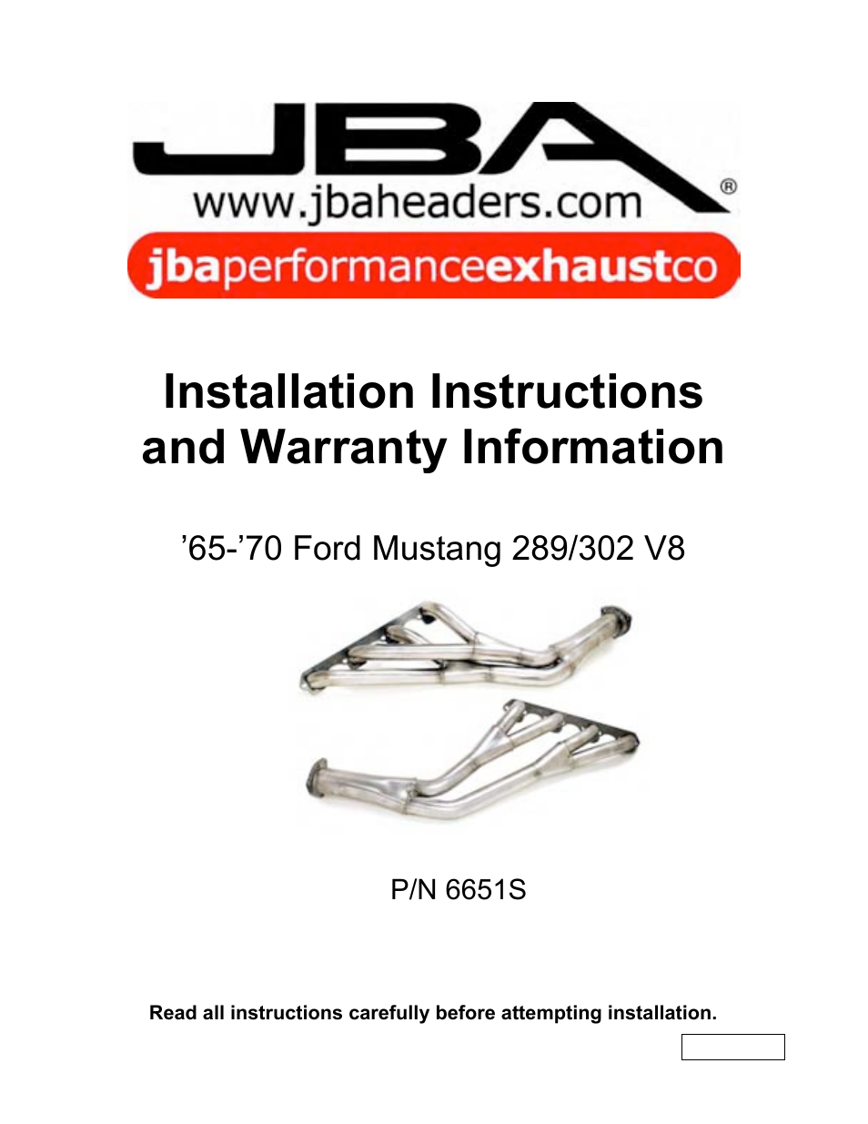 PerTronix JBA Exhaust 6651sinst User Manual | 4 pages