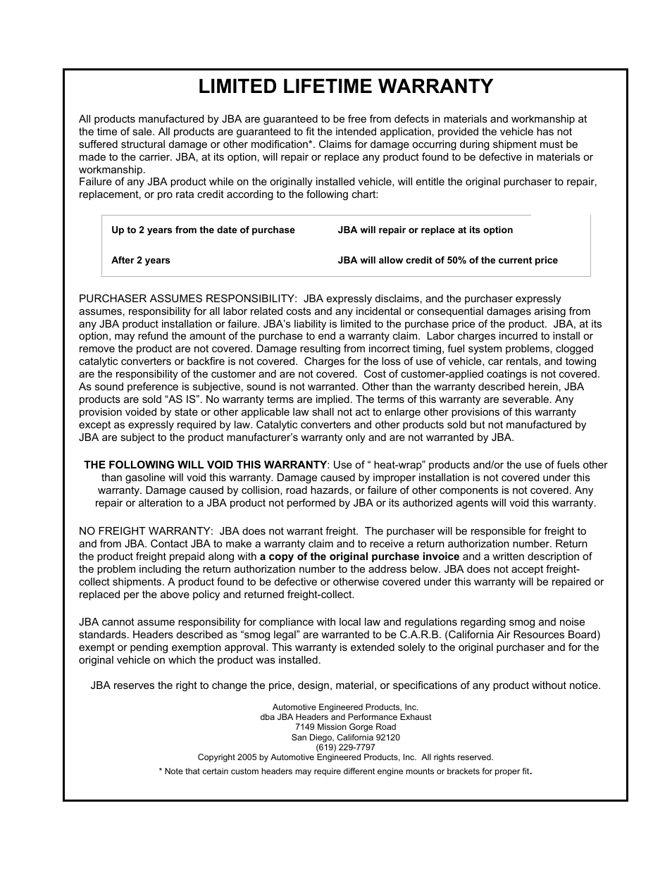 Limited lifetime warranty | PerTronix JBA Exhaust 6651sinst User Manual | Page 4 / 4