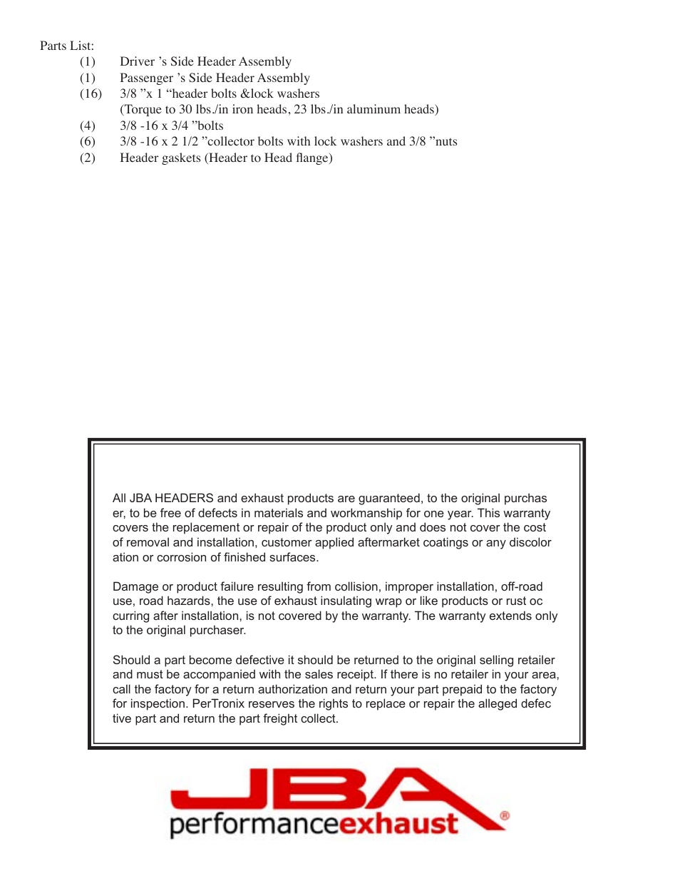 Limited one year warranty | PerTronix JBA Exhaust 6654S User Manual | Page 4 / 5
