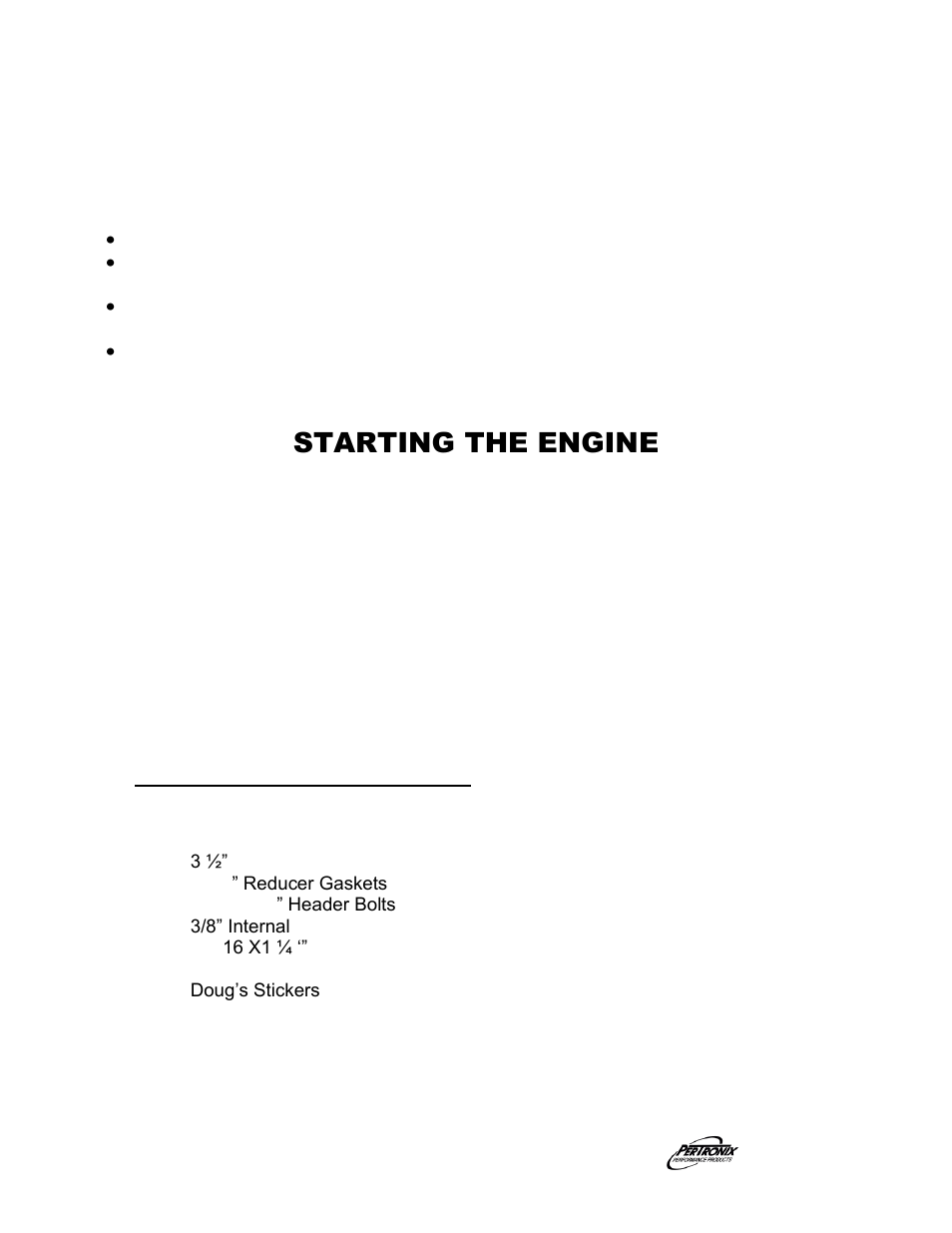 Important check list, Starting the engine, Parts list | PerTronix Dougs Headers D318 User Manual | Page 3 / 4