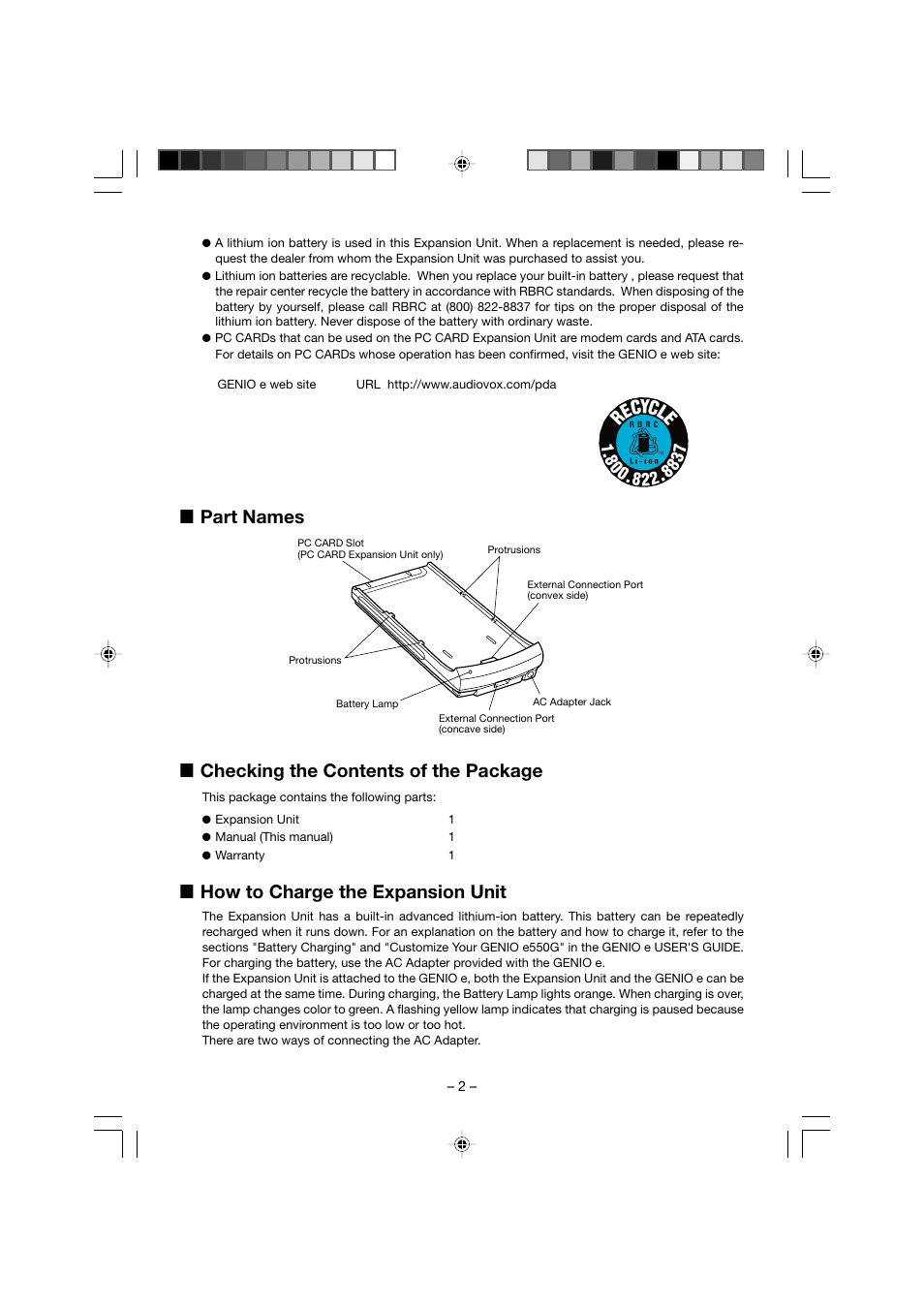 L checking the contents of the package, L how to charge the expansion unit, L part names | Audiovox CEX0122B User Manual | Page 2 / 4