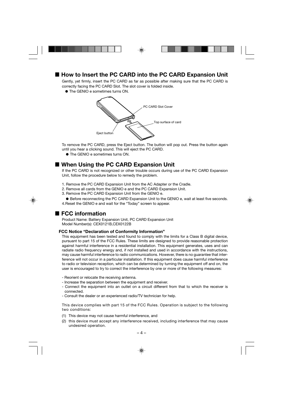 L when using the pc card expansion unit, L fcc information | Audiovox CEX0122B User Manual | Page 4 / 4