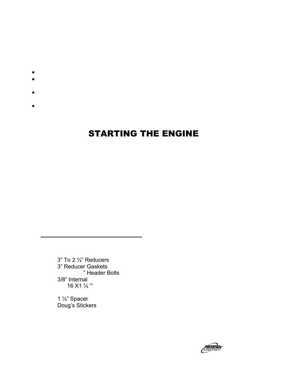 Important check list, Starting the engine, Parts list | PerTronix Dougs Headers D330 User Manual | Page 3 / 4