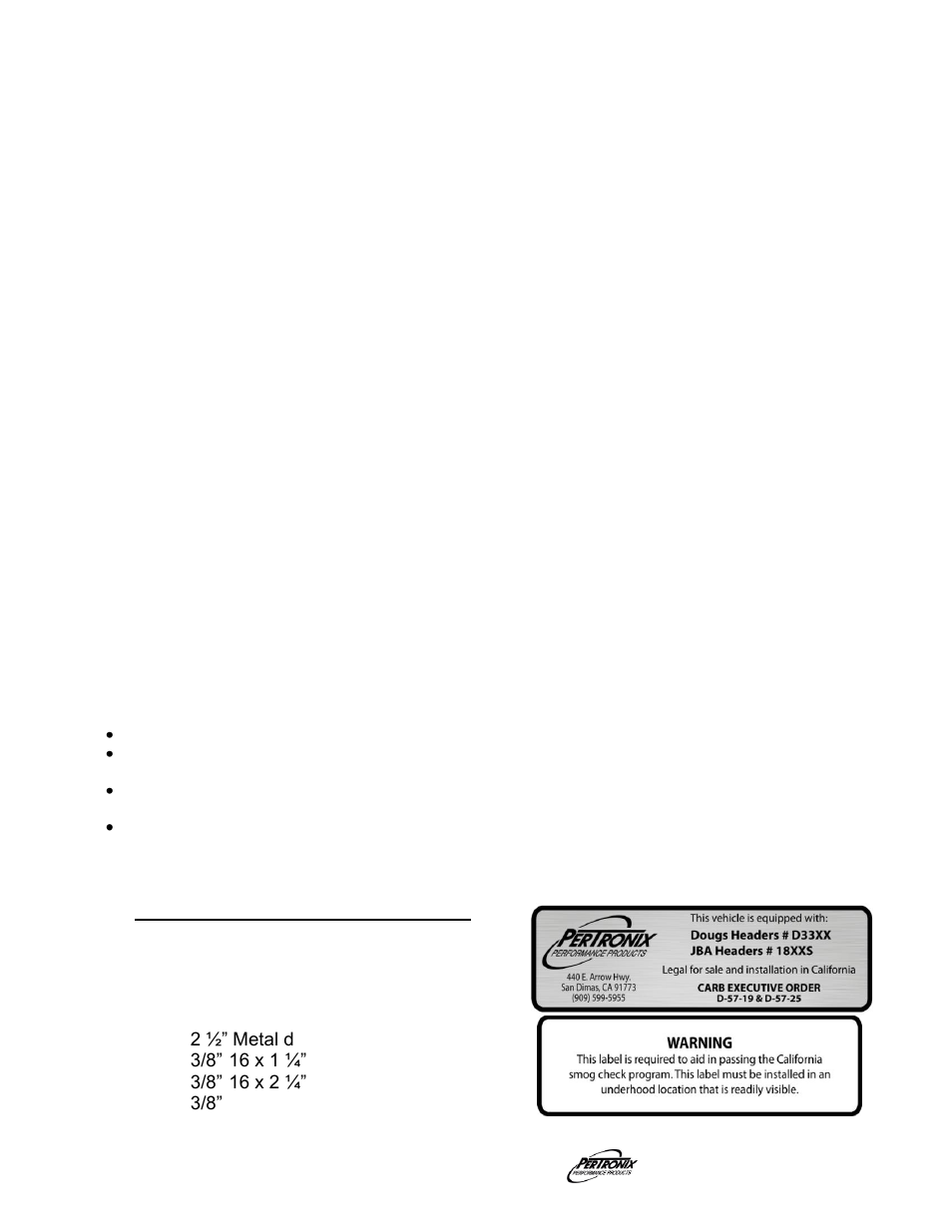 Start the engine, Important check list, Parts list | PerTronix Dougs Headers D3302-1 User Manual | Page 3 / 3