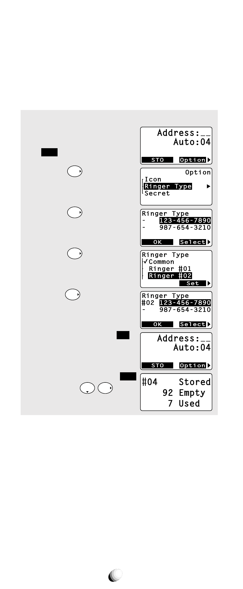 Address: auto:04, Three times. 2. press, And scroll to “ ringer type ”. 3. press | Press the key under, And press | Audiovox CDM-9150X User Manual | Page 40 / 107