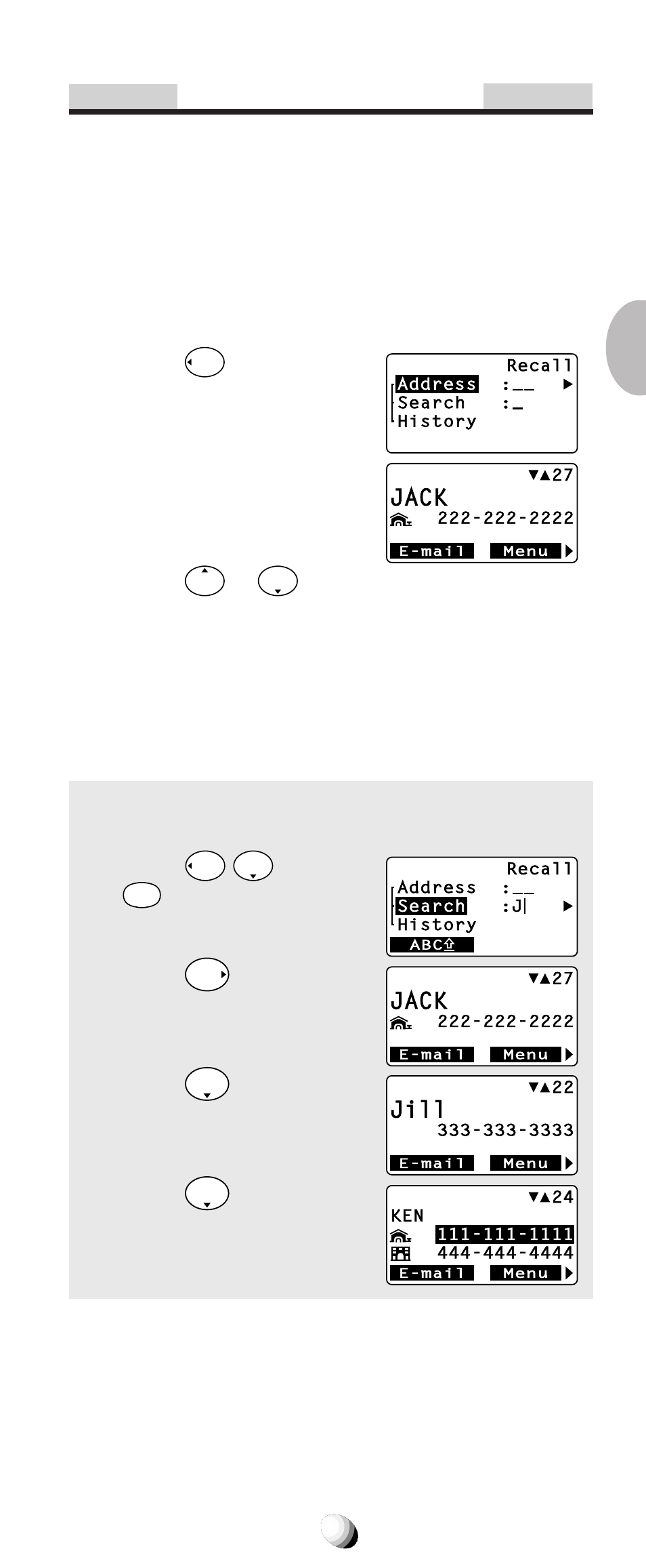 Phonebook recall, Phonebook address mode, Phonebook sort scroll mode | Jack, Jill, And press, For “ j ”. 2. press, Press . 4. press | Audiovox CDM-9150X User Manual | Page 43 / 107