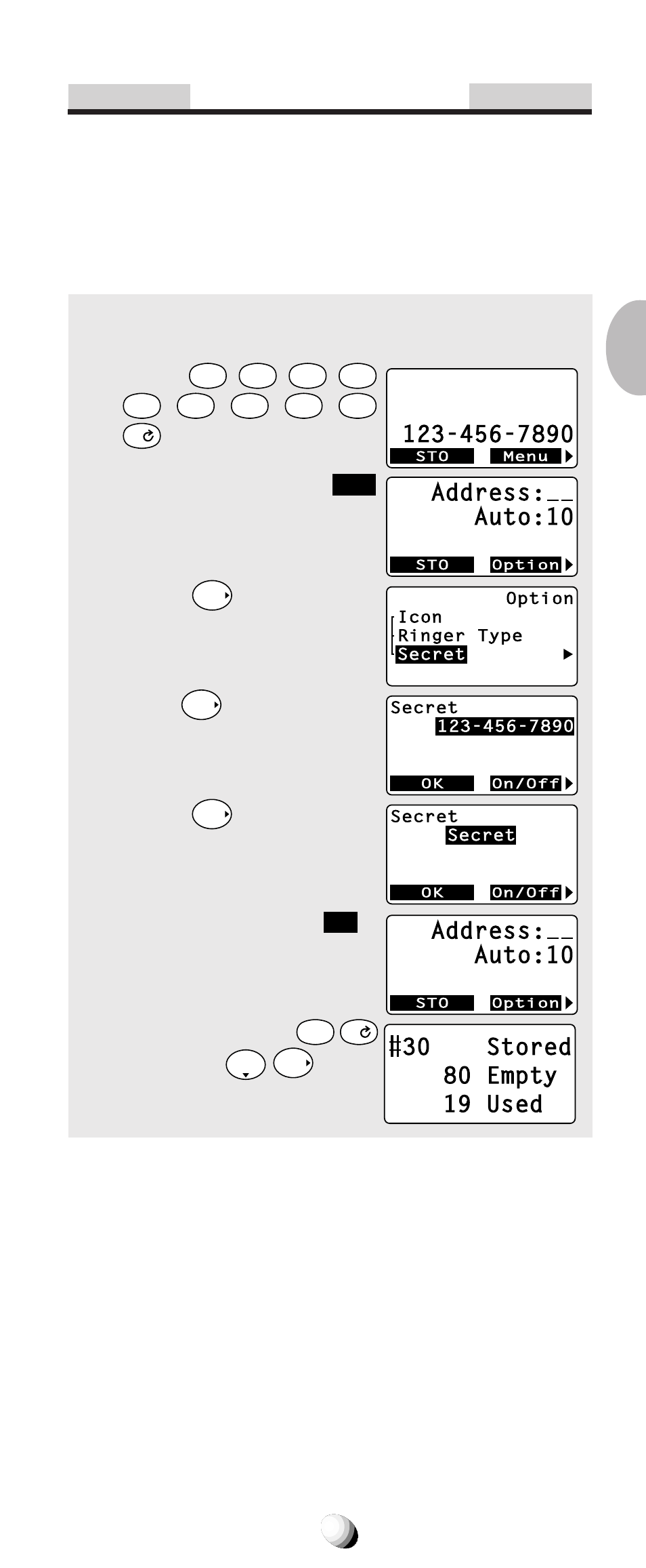 Address: auto:10, Press the key under, Three times. 3. press | And scroll to “ secret ”. 4. press, Enter the address, And press | Audiovox CDM-9150X User Manual | Page 49 / 107