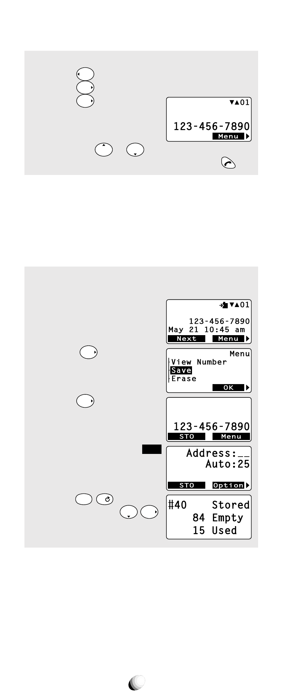 Example: 1. press, And scroll to “history”. 2. press, And scroll to “scratch pad”. 3. press | And scroll to “ save ”. 3. press, Press the key under, Three times. 5. enter, As the ad- dress and press | Audiovox CDM-9150X User Manual | Page 56 / 107