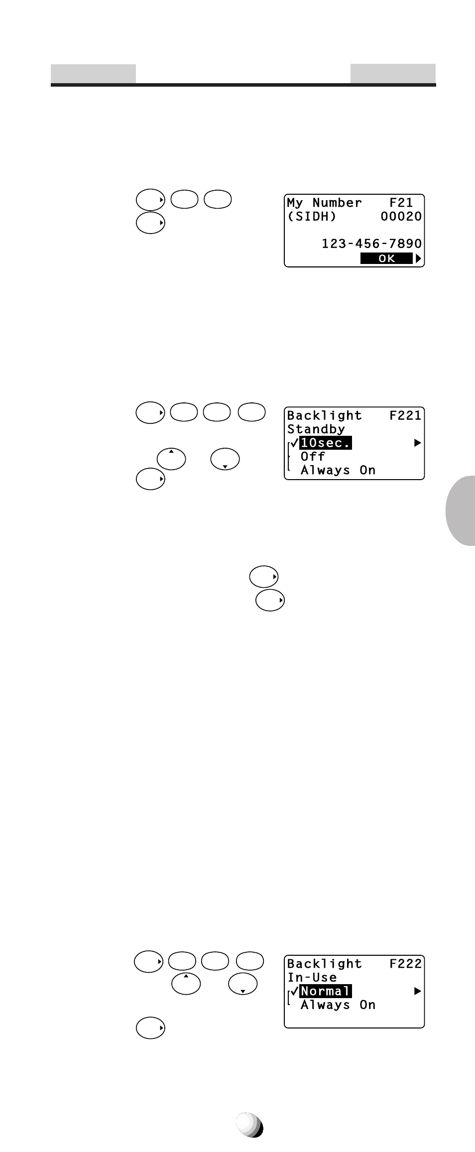 Display features, Own telephone number display (f21), Backlight control (standby) (f22-1) | Backlight control (in-use) (f22-2), 10 seconds mode, Off mode, Always on mode | Audiovox CDM-9150X User Manual | Page 73 / 107