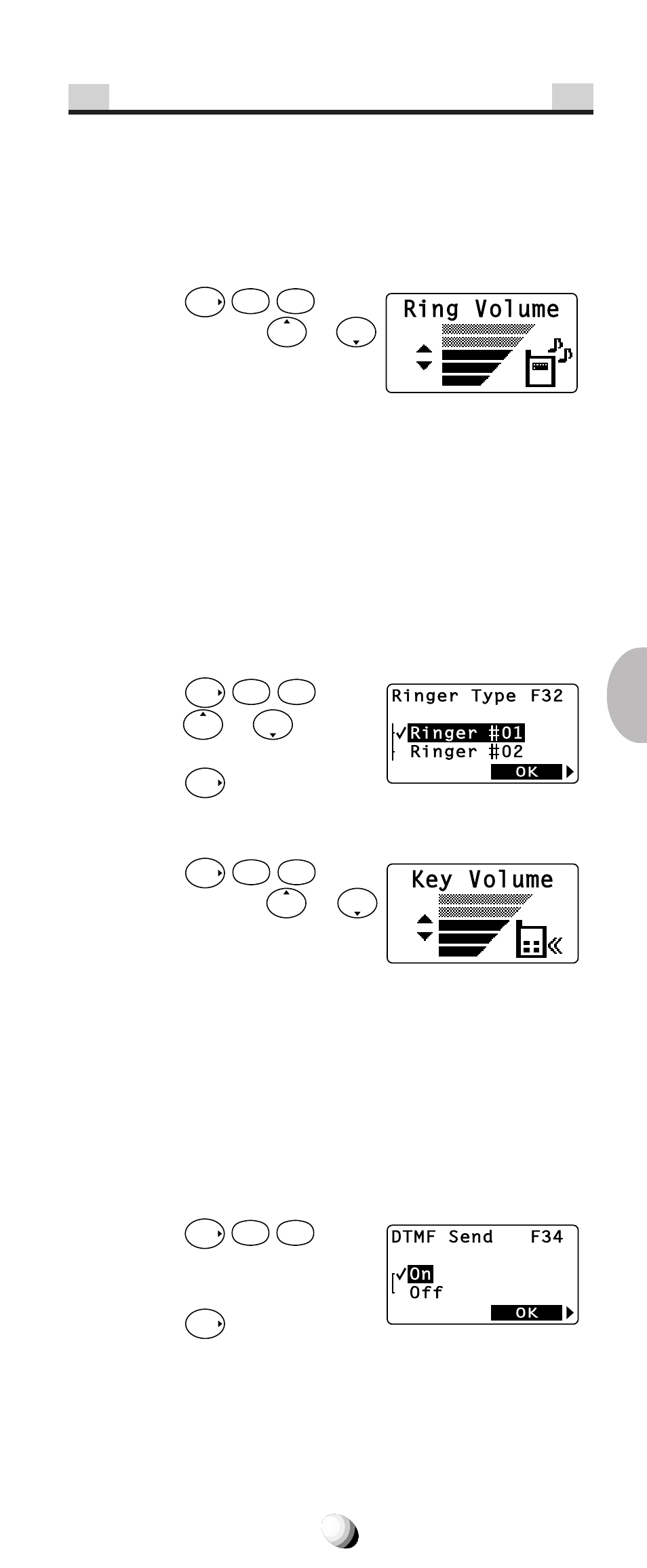 Volume and tone controls, Ringer volume control (f31), Ringer type selection (f32) | Key tone volume control (f33), Sending dtmf (f34), Ring volume, Key volume, Press or to select the ringer tone. 3. press, Press, Scroll to “ on ” or “ off ” to se- lect. 3. press | Audiovox CDM-9150X User Manual | Page 75 / 107