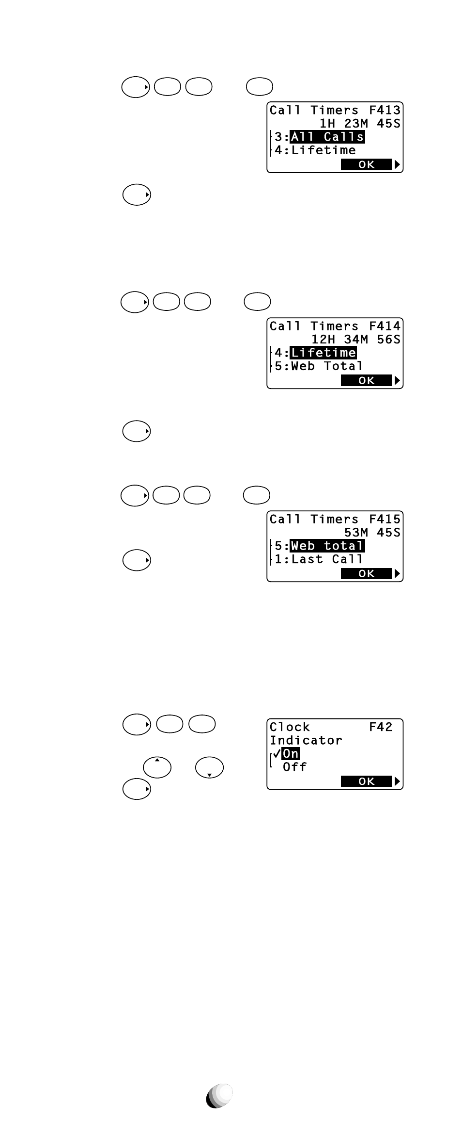 All calls timer (f41-3), Lifetime timer (f41-4), Web total timer (f41-5) | Clock indicator (f42), Press, You can turn this feature on/off by or . 3. press | Audiovox CDM-9150X User Manual | Page 78 / 107