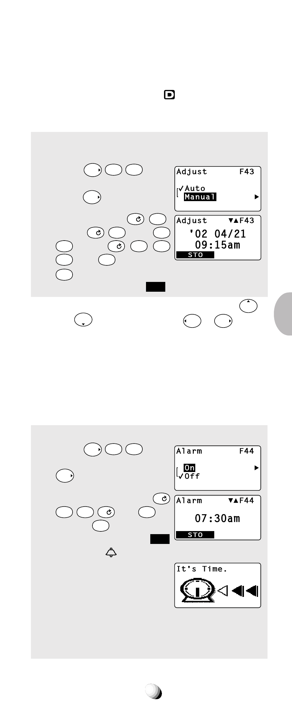 Clock adjustment (f43), Clock alarm (f44), 30am | Scroll to “ manual ” and press, Enter the year, Month, Time, For a.m. (or, For p.m.) 4. press the key under, Scroll to “ on ” and press | Audiovox CDM-9150X User Manual | Page 79 / 107