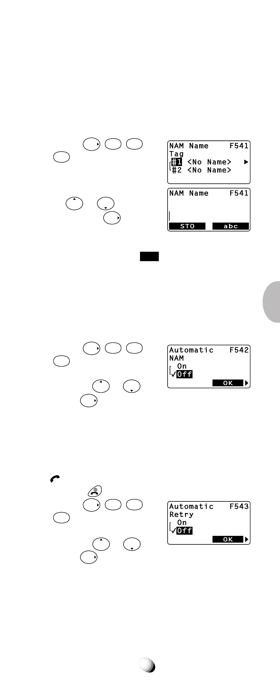 Nam name display (f54-1), Automatic nam (f54-2), Automatic retry (f54-3) | You can select other nam by or . then press, You can turn this feature on/off by or . 3. press | Audiovox CDM-9150X User Manual | Page 83 / 107