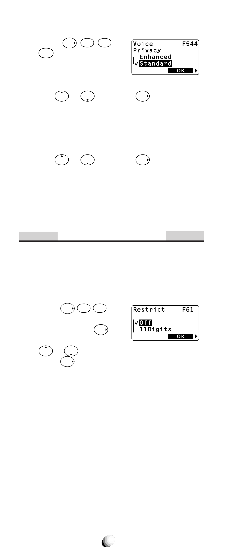 Security features, Call restriction (f61), 84 to set the enhanced voice privacy mode | 11 digits mode, 7 digits mode, Operator mode, Rcl 01-09 mode, Off mode | Audiovox CDM-9150X User Manual | Page 84 / 107