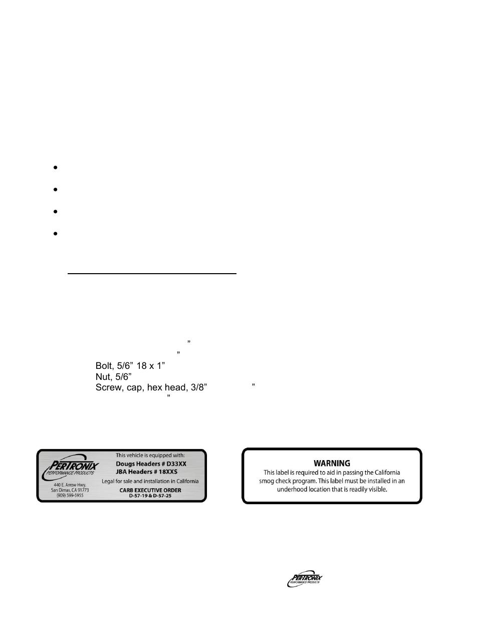 Start the engine, Important check list, Parts list | PerTronix Dougs Headers D3327 User Manual | Page 3 / 3